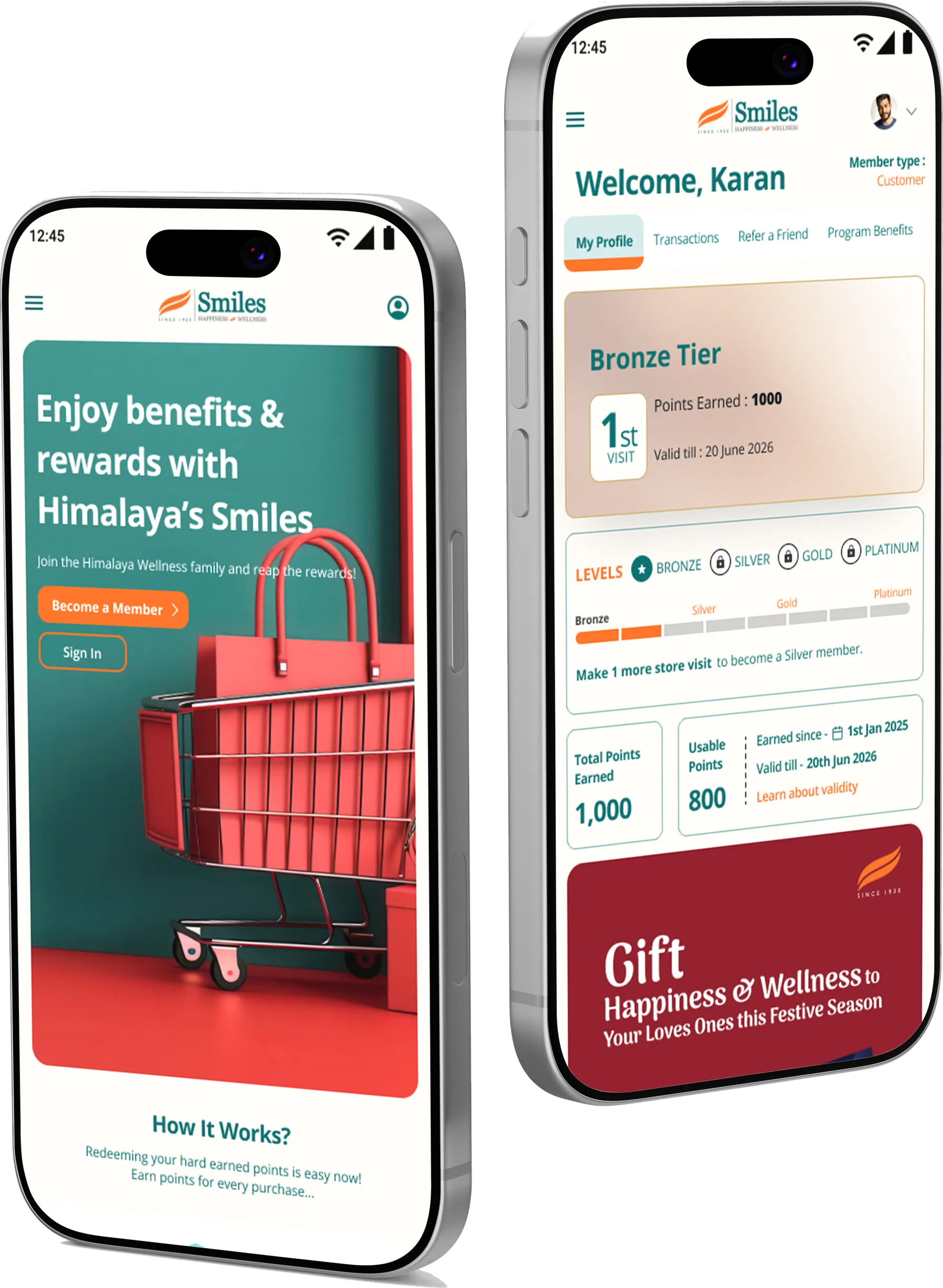 Redesigned Smiles app shown on two iPhones